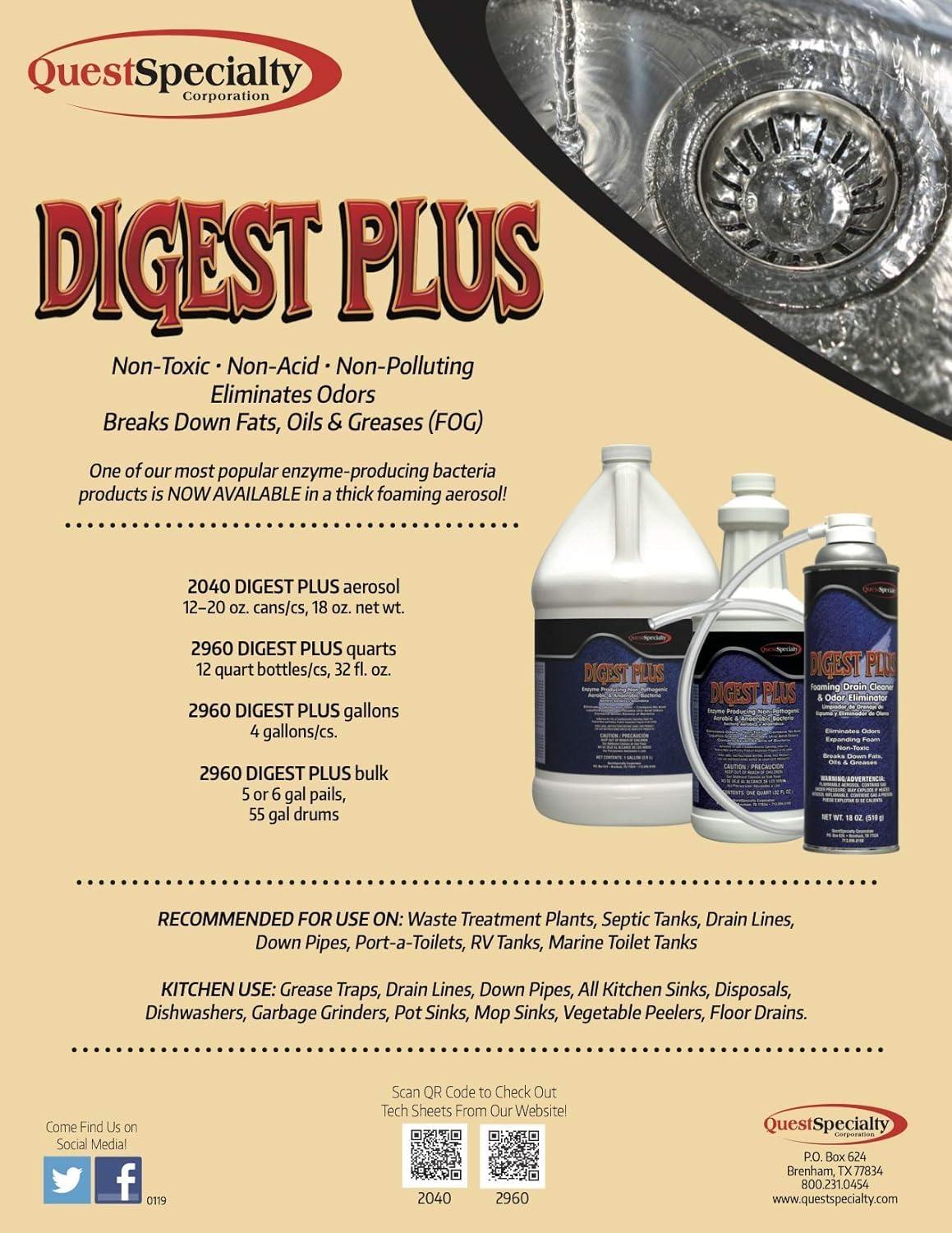 Quest Specialty DIGEST PLUS Foaming Drain Cleaner and Odor Eliminator, 6 count