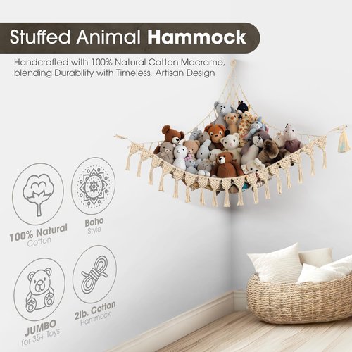 Abby Baby Extra Large Stuffed Animal Hammock with LED Lights 100% Natural Cotton Macrame Toy Storage Net for Plushies & Squishmallows Boho Macrame Corner Organizer for Kids’ Room or Nursery (Beige)