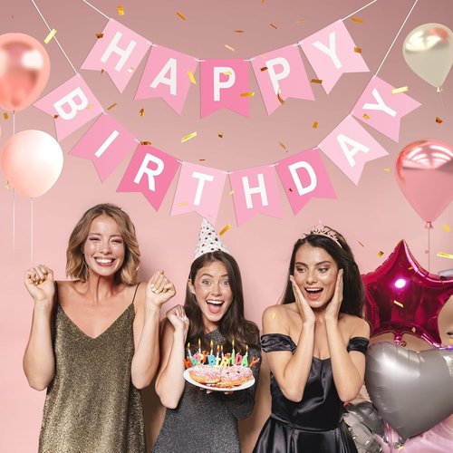 Happy Birthday Banner - Pre-Strung Party Decoration for Men, Women & Kids | Pink Design