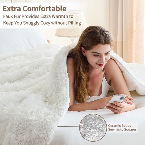 Faux Fur Weighted Blanket for Adults(20 lbs, 60” x 80”, White),Fuzzy Cozy Sherpa Christmas Weighted Blanket Queen Size for Adult,Sherpa Comfy Heavy Blanket for Women Men,Warm Soft Plush Blanket