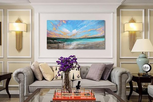 Arjun Ocean Teal Wall Art Canvas Coastal Beach Painting Blue Turquoise Landscape Sunset Picture, Panoramic Gold Foil Textured Large Artwork Framed for Living Room Bedroom Bathroom Wall Decor 48"x24"