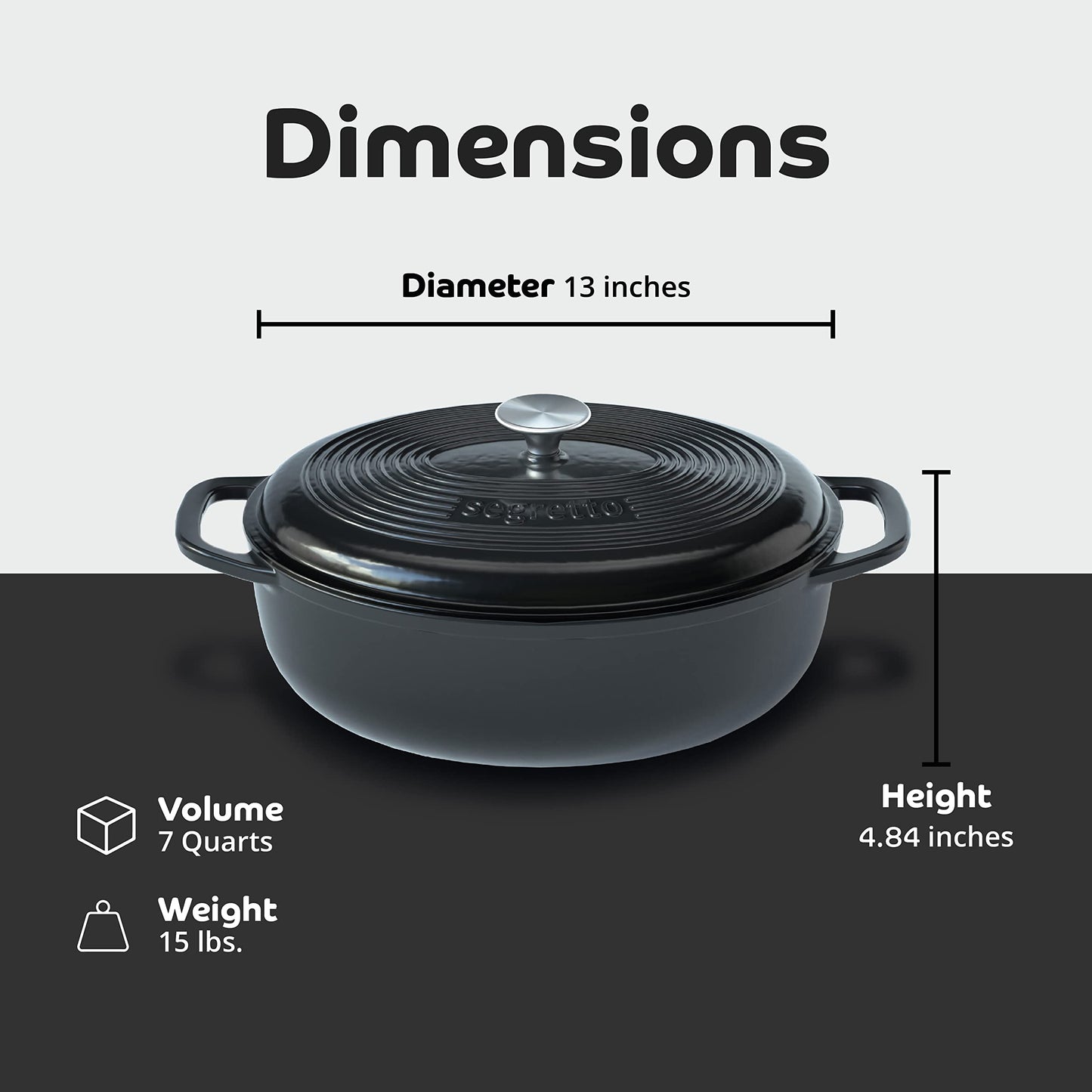 Segretto Cookware Enameled Oval Cast Iron Dutch Oven with Handle, 7 Quarts, Nero (Black), 7qt Dutch Oven Cast Iron Pot with Lid | Enamel Dutch Oven for Bread Baking, Ceramic Pots for Cooking, Soup