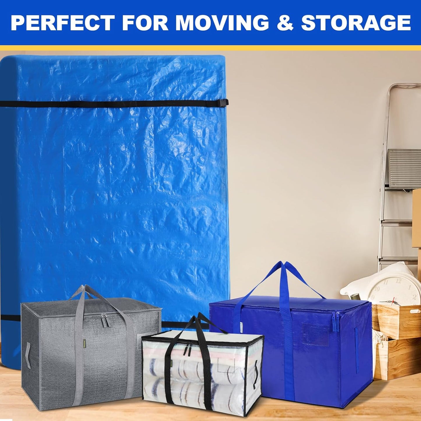 TICONN King Mattress Bag - Heavy Duty Moving Cover with Full-Around Handle & Adjustable Buckles | Blue