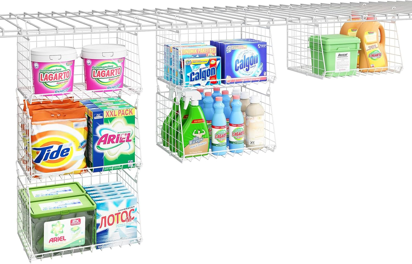 Skiennix 3-Tier Hanging Laundry Basket Organizer - Foldable Wire Shelf with 360° Rotating Hooks, White