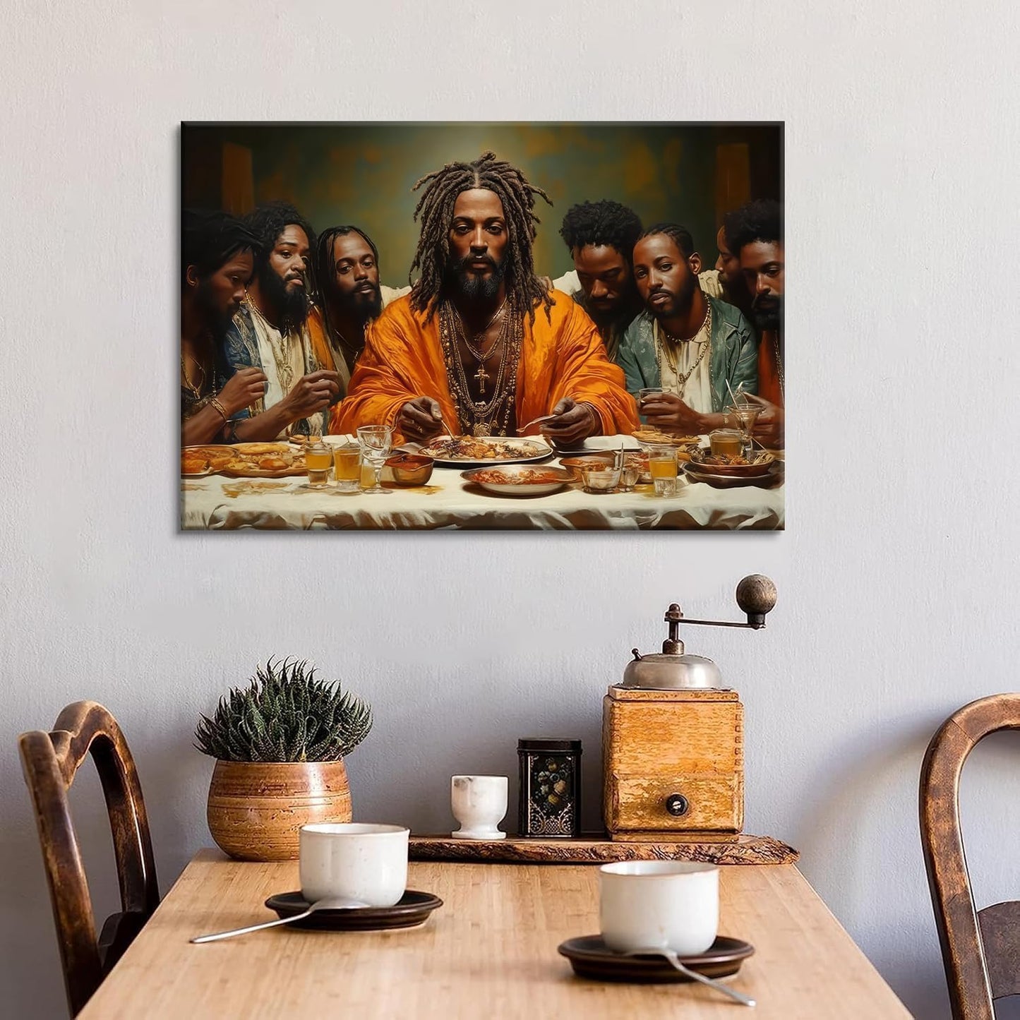 Regine Switzerland Modern Black Jesus Canvas Wall Art - The Last Supper Painting | 12x16in Christian Decor for Home