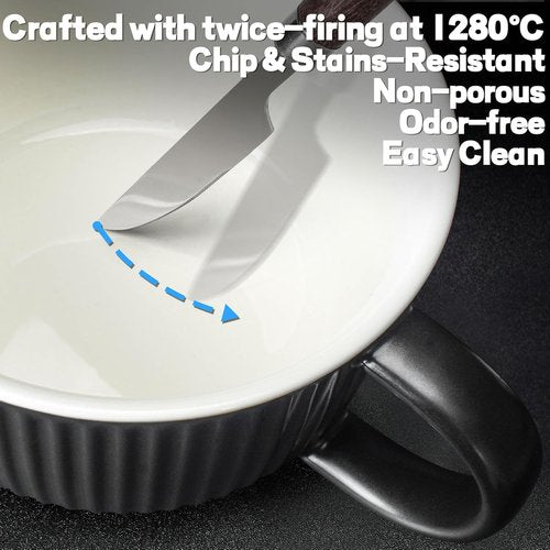 Artena 38 oz Soup Bowls - Microwave Safe Ceramic Ramen Bowls with Handles & Lids | 6 Inch Black Set