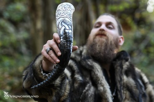Authentic Handmade Viking Drinking Horn - Medieval Norse Ale Drinking Mug For Vikings with Stand - Hand Engraved Viking's Drink Cup - Food Safe Beer Horns (Triple Horn of Odin)