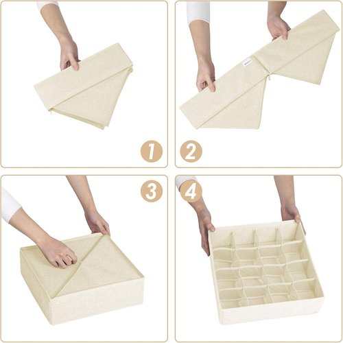 Criusia Sock Organizer - 3 Pack Fabric Drawer Dividers with 64 Cells for Socks, Underwear & Ties | Beige