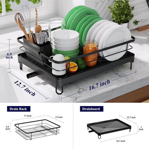 Kitsure Dish Drying Rack - Stainless Steel Kitchen Organizer with Cutlery Holder | 12.7''W x 16.7''L, Black