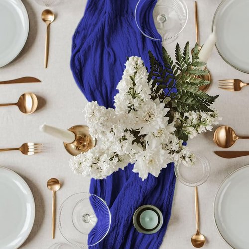FANPROMS Gauze Table Runner - 10FT Rustic Blue Fabric for Farmhouse Weddings & Events