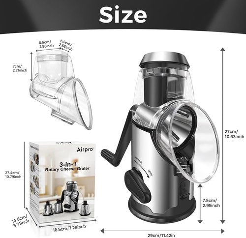 Airpro Rotary Cheese Grater - Versatile Vegetable Shredder with 3 Stainless Steel Blades & Suction Base