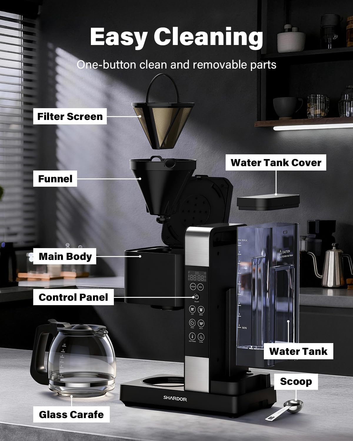 SHARDOR 10-Cup Coffee Maker - Programmable Drip Machine with Adjustable Brew Strength & Keep-Warm Control, Black