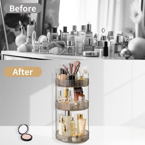 Asayuee 360 Rotating Makeup Organizer - Large 3-Tier Storage for Cosmetics & Skincare | Grey