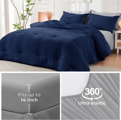 HYMOKEGE Queen Comforter Set - Luxury 7-Piece Bedding in Navy Blue & Light Grey | All-Season Seersucker Design