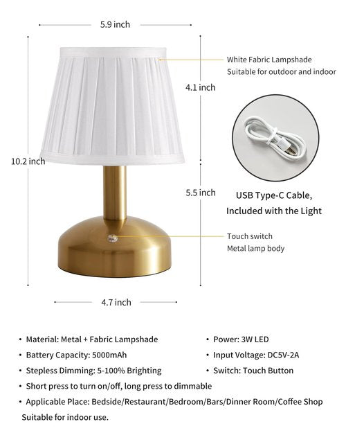 KDG Modern Cordless Small Table Lamp Set of 2, Portable LED Fabric Shade Desk Lamps, 5000mAh Rechargeable Battery Operated Lighting for Bedroom, Bar, Living Room, Dining Room, Night Light(Gold)
