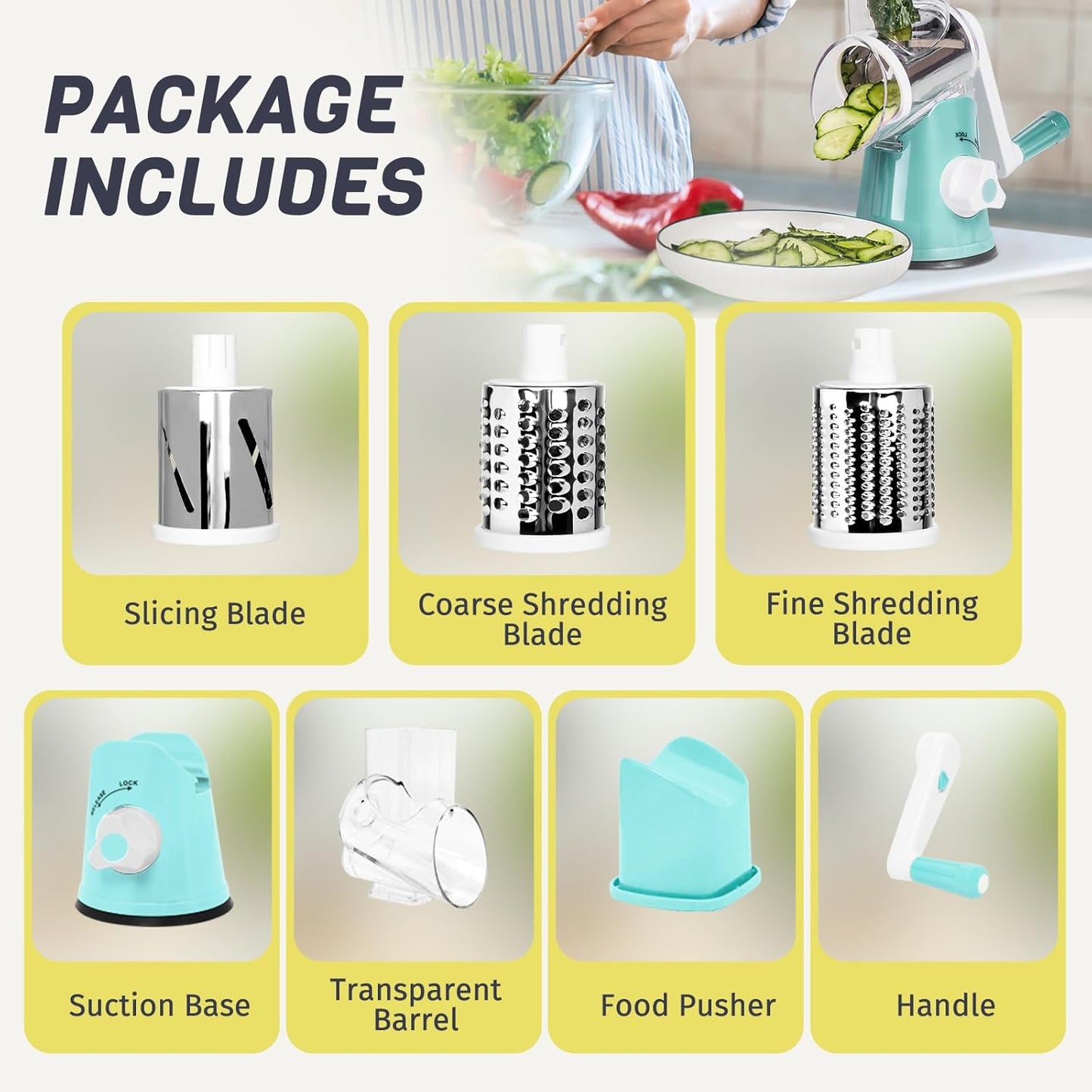X Home Rotary Cheese Grater - 3 Interchangeable Blades for Easy Shredding | Kitchen Tool in Blue