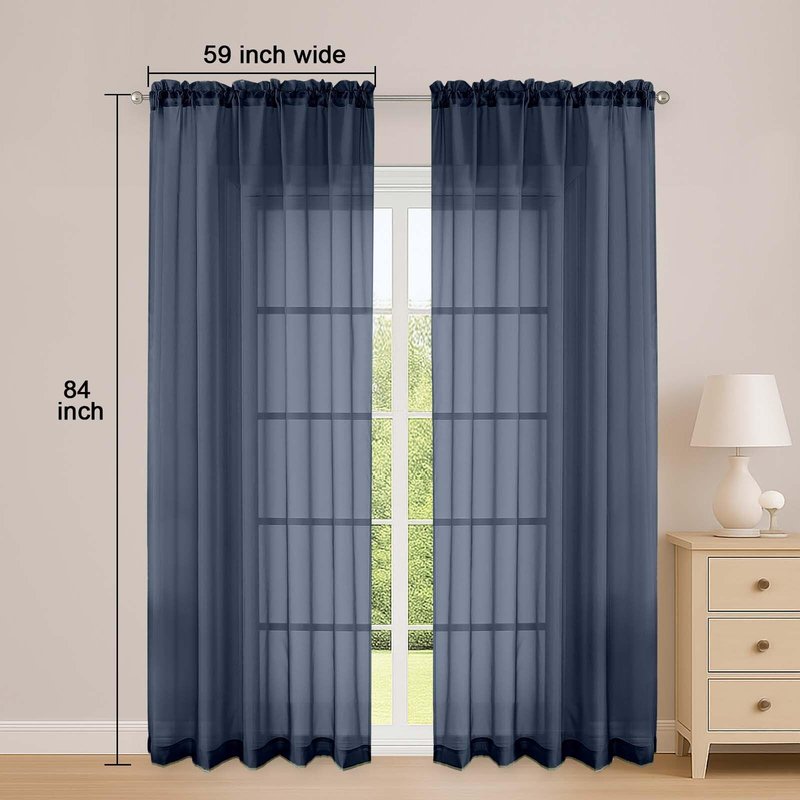 OWENIE Sheer Curtains 84 Inches Long 2 Panels Set, Sheer Navy Blue Curtains for Living Room Bedroom 59 Inch Extra Wide, Modern Voile Filmy Rod Pocket Drapes, 2 Pcs, Each 59 W x 84L, Navy Blue