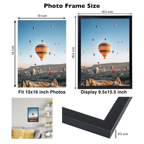 JCJMY 10x16 Picture Frame Black for Wall Hanging, Wall Mounting Horizontally or Vertically, 10 x 16 Wall Gallery Poster Photo Frame with Shatter Resistant Plexiglass, Black