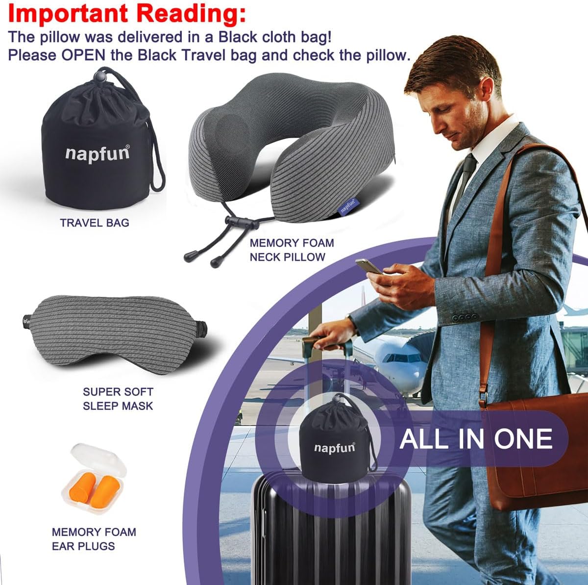 Napfun Neck Pillow - Memory Foam Travel Pillow with Sleep Mask & Earplugs | Dark Gray Striped Kit