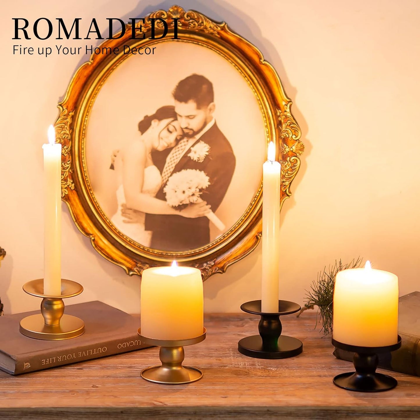 Romadedi Gold Candle Holders - Elegant Pillar & Taper Candle Sticks for Weddings | 4-Piece Set