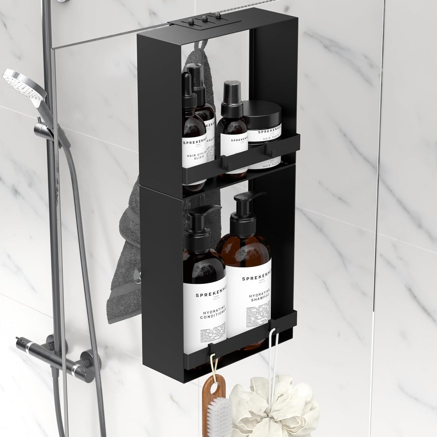 Skiennix Over The Glass Shower Caddy - 2-Tier Rustproof Stainless Steel Organizer | Black with Hooks & Suction Cups