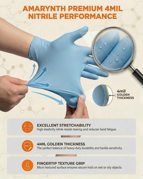 Amarynth Premium Disposable Gloves - 4 Mil Latex-Free, Powder-Free with Textured Fingertips for Lab Work, Kitchen Prep, Cleaning, Tattooing & More - 100 Count