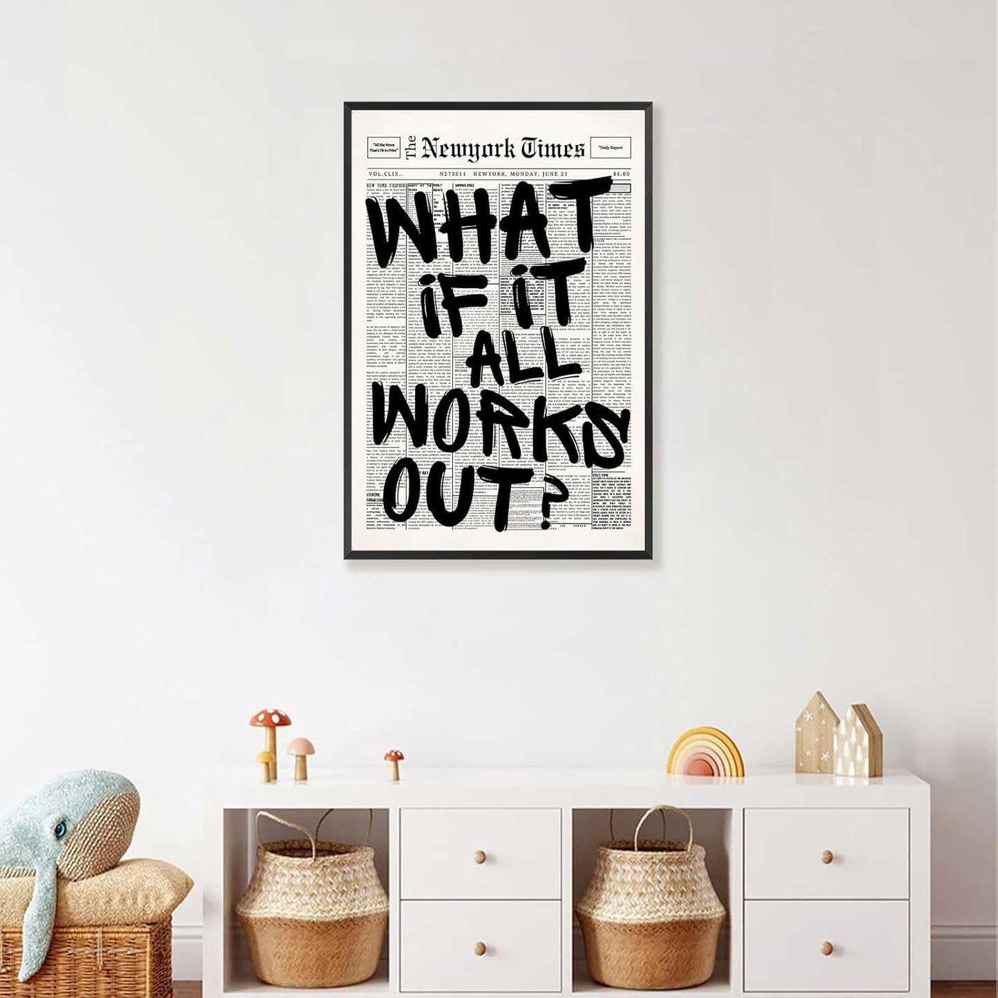 Retro Black And White Newspaper Poster - Positive Affirming Quote Canvas Wall Art | 16x24in Framed Minimalist Decor