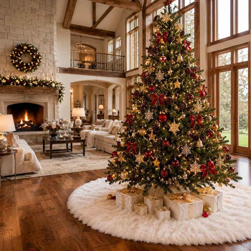 YEAHOME 72" White Faux Fur Christmas Tree Skirt – Snowy Plush Holiday Decor (Variation: White+72 inch)