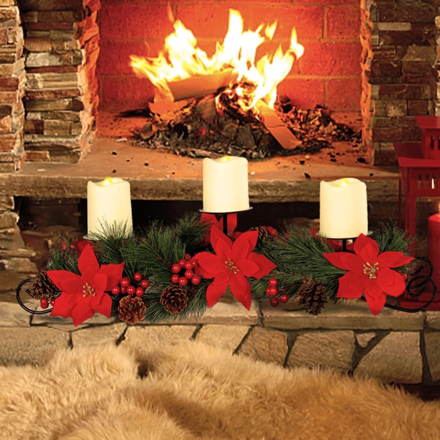 MorTime Christmas Centerpiece - 3 Candle Holders with Red Flowers & Pinecones | Festive Table Decor