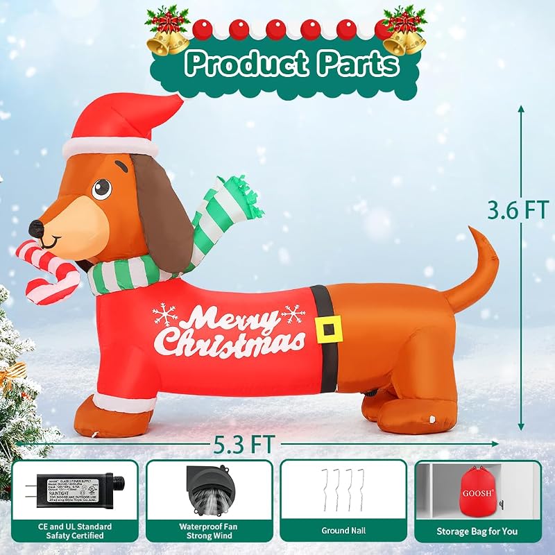 GOOSH 5 ft Christmas Dachshund Inflatable with Built-In LEDs for Outdoor Decor