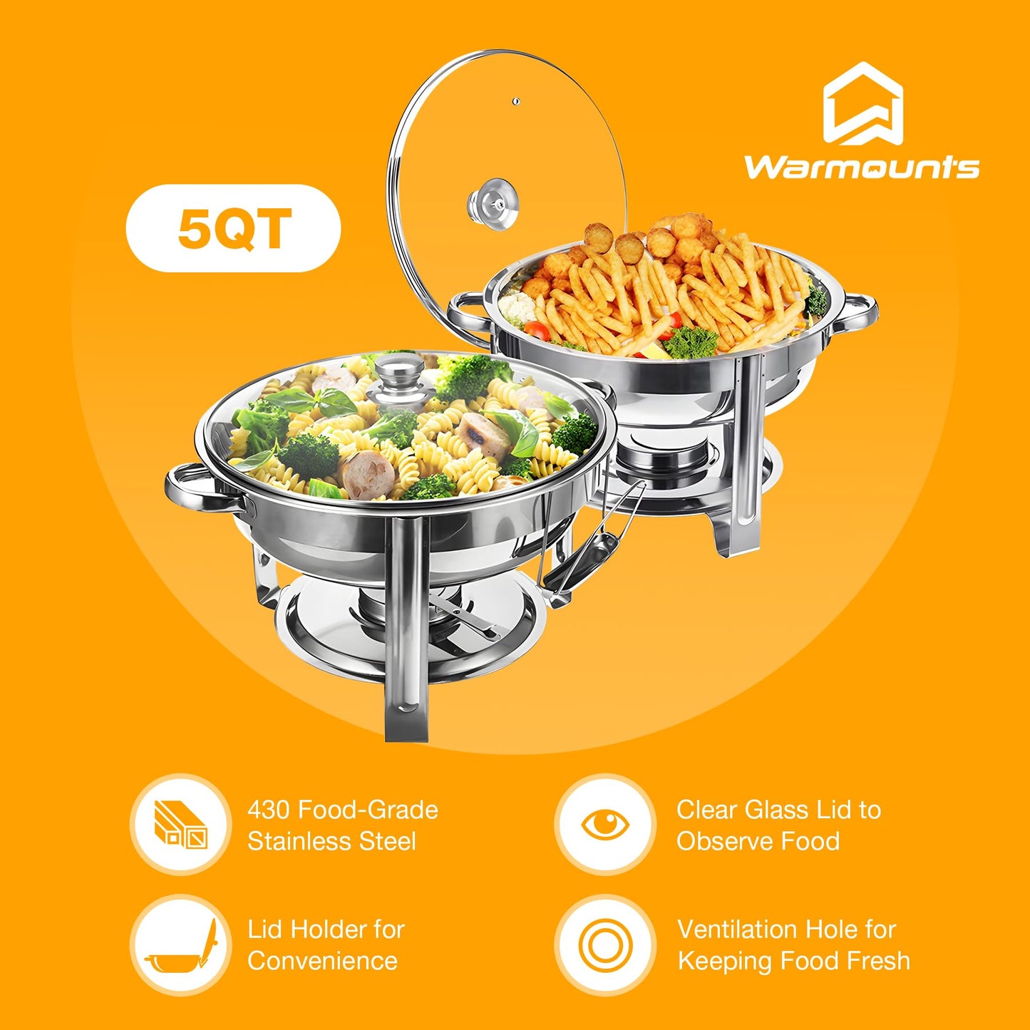 WARMOUNTS Round Chafing Dishes for Buffet with Glass Lid (5QT, 2 Pack) - Food-Grade Stainless Steel Chafers and Buffet Warmers Sets with Lid Holder, Rolled Edge Design, for Party, Banquet
