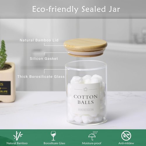 INIUNIK Qtip Holder - 3 Pack Glass Apothecary Jars with Lids | Stylish Bathroom Organizers Set