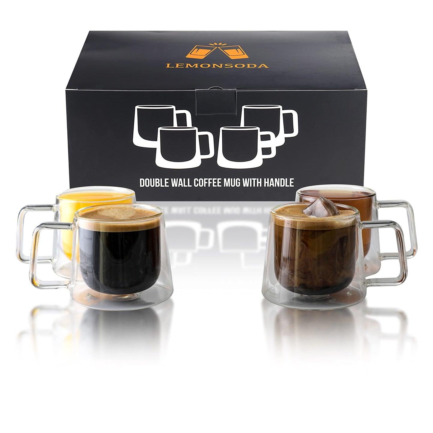 LEMONSODA Double Walled Glass Coffee Drink Mug with Handle - Set of 4 (250 mL / 8.5 fl. oz) Insulated Thermal Mugs Glasses For Tea, Coffee, Latte, Cappucino, Cafe, Milk - Housewarming Gifts