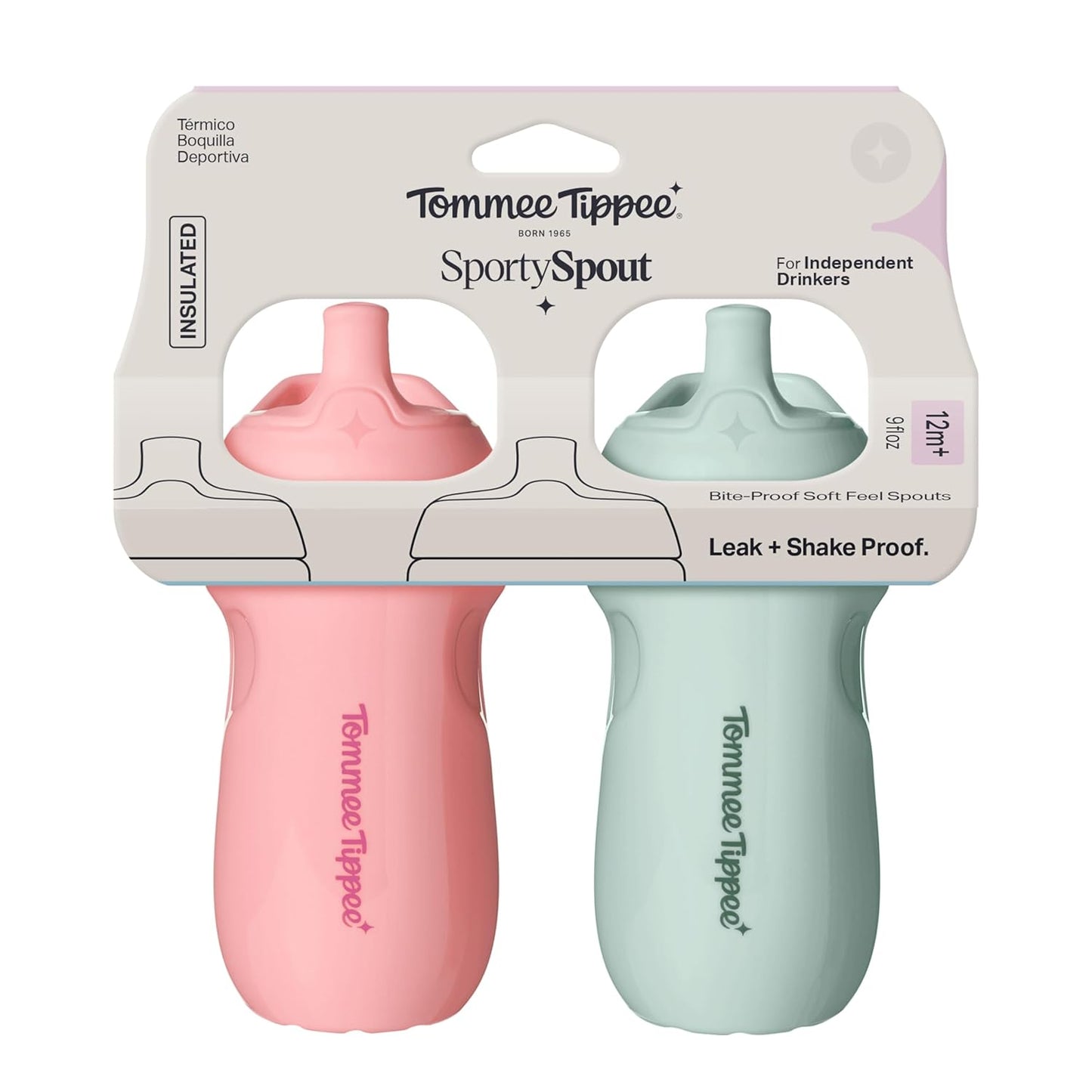 Tommee Tippee 9oz Insulated Toddler Water Bottle - No Spill Sippy Cups, BPA Free, Pink & Mint, 2-Pack