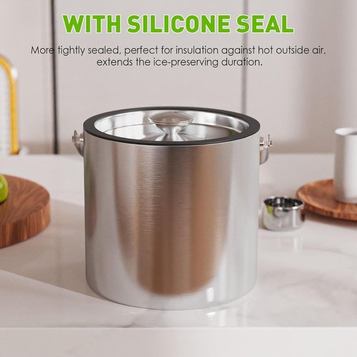 3.2L/3.4QT Insulated Ice Bucket with Silicone Lid, Tongs & Strainer, Double Wall Stainless Steel Ice Bucket for Parties and Cocktail Bar, Upgraded Silicone Cover Keep Ice Frozen Longer