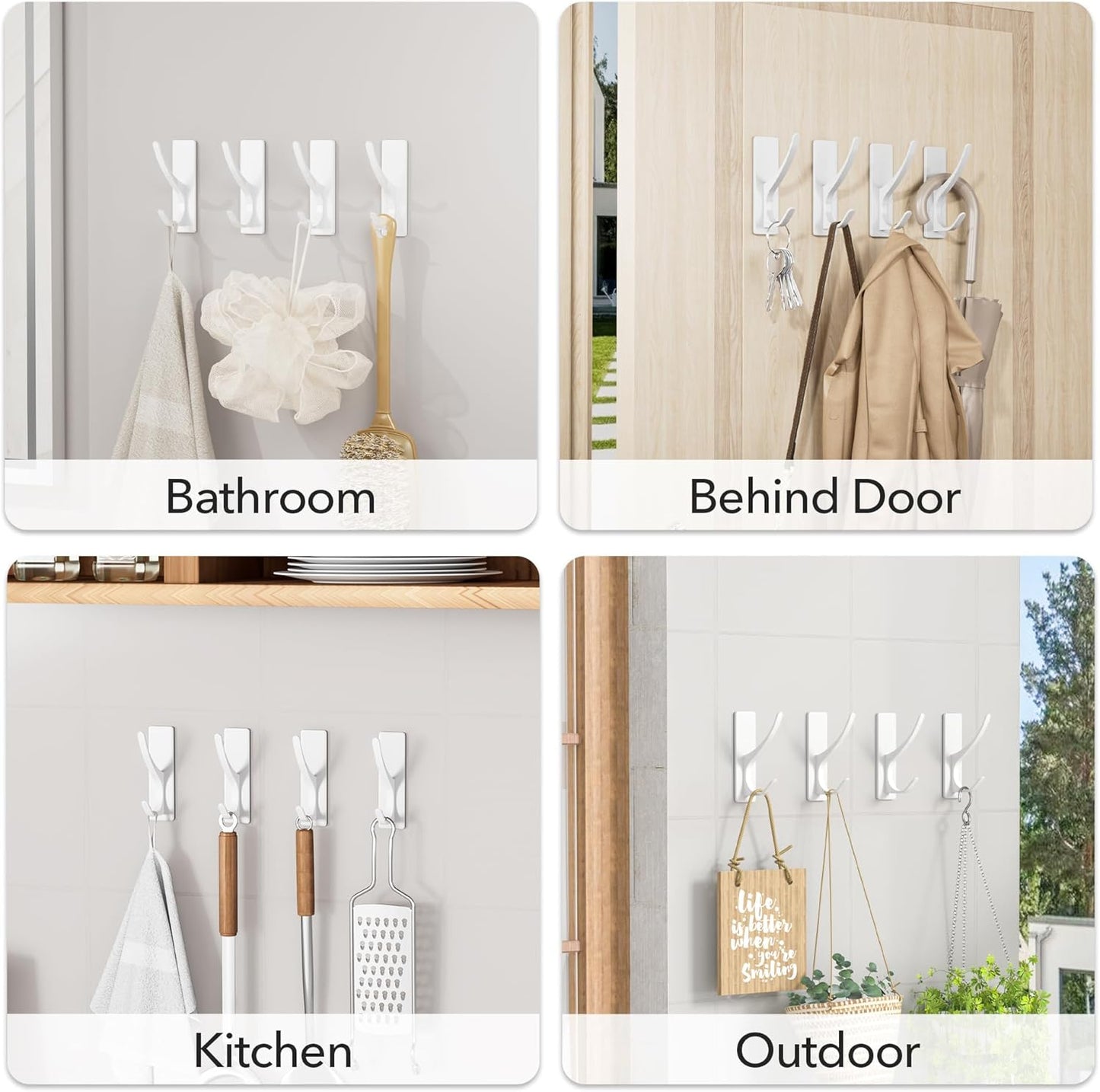 Pickpiff White Self-Adhesive Coat Hooks - 13LB Extra Strong Stainless Steel Wall Hooks | 10 Pack for Bathroom, Kitchen, and More