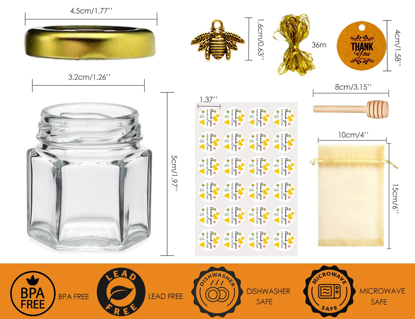 Small Honey Jar, Mini Honey Jars with Dipper, Glass Honey Pot Baby Shower Favors, Party Favors & Wedding Favors, Hexagon Honey Container w/ Lid, Bee Charms, Fabric Ribbons and Bags, 60 Pack 1.5oz