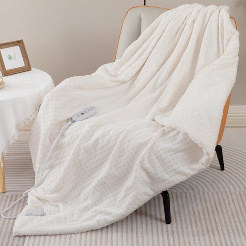 Dowin Heated Blanket Electric Blanket - Throw Size Waffle Fleece Heating Warming Blankets with Auto Shut Off for Couch Office Chair Bed Adults Fuzzy Cozy Machine Washable 50x60 Beige