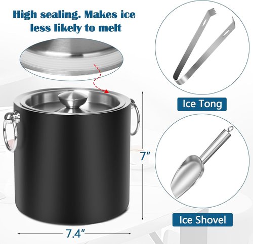 Ice Bucket with Lid & Tong- Well Made Insulated Stainless Steel Keep Ice Frozen Longer - Ideal for Cocktail Bar, Parties, Chilling Wine, Champagne - 3 Liter (Black)
