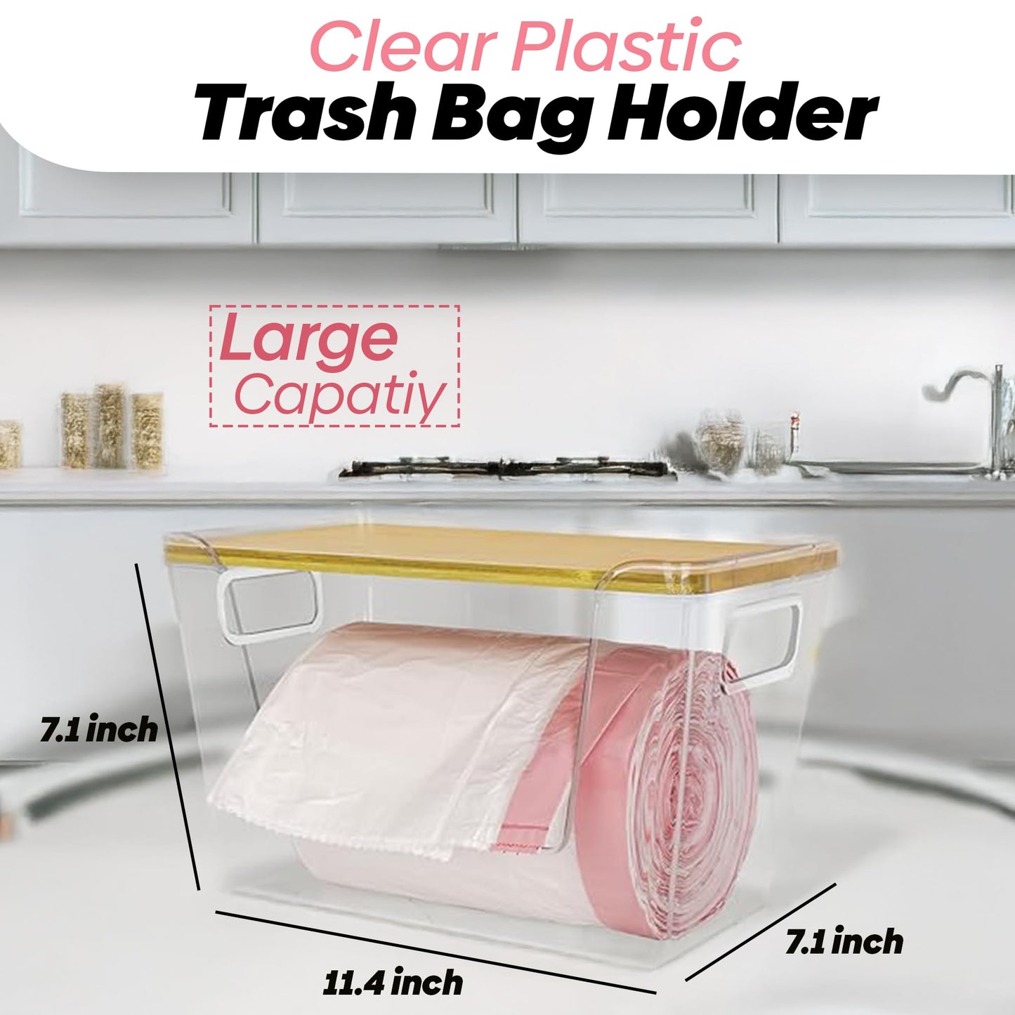 Trash Bag Dispenser with 50 Trash Bags - Garbage Bag Dispenser with Bamboo Lid- Extra Large Plastic Bag Dispenser for Kitchen, Laundry Room, Pantry, Under Sink Organizer and Storage