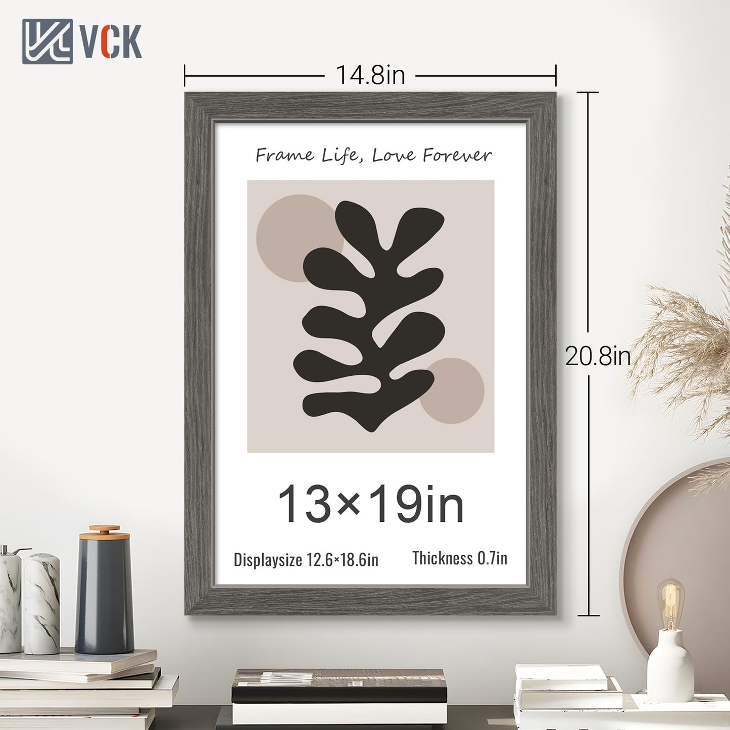 VCK 13x19 Picture Frame Set of 5, Gray Solid Wood Poster Picture Frame, Exclusive Wood Grain, Wall Mounting Hanging