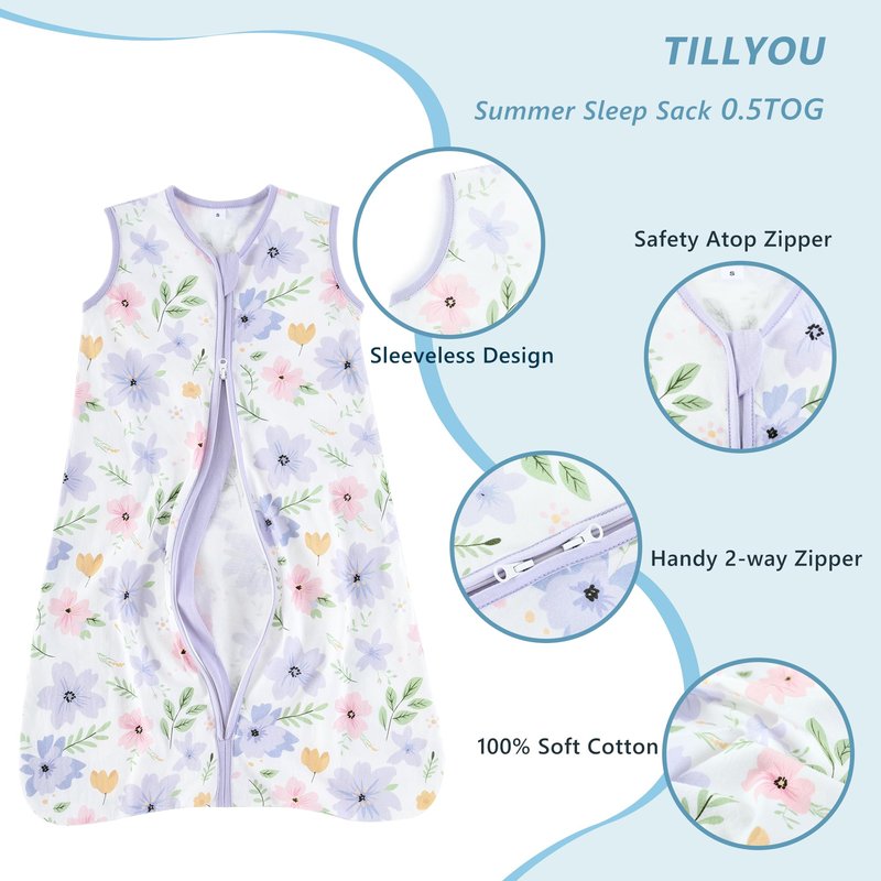 TILLYOU 2 Pack Baby Sleep Sack 6-12 Months 100% Cotton Wearable Blanket 0.5 TOG Sleeveless Summer Sleep Sacks with 2-Way Zipper, Brilliant Little Flowers and Purple
