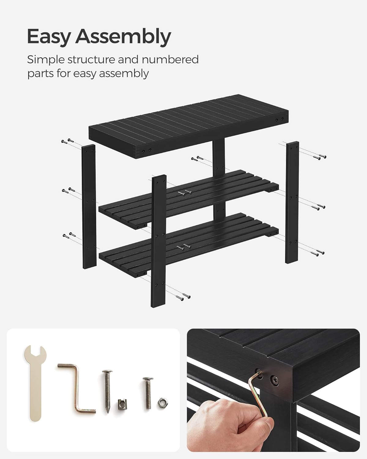 SONGMICS Shoe Rack Bench - 3-Tier Bamboo Storage Organizer | Holds 286 lb - Ink Black, 11.3 x 27.6 x 17.8 Inches