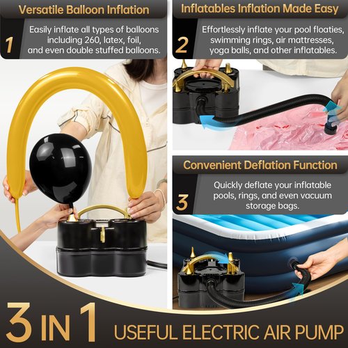 Bezente Balloon Pump Electric, 3-in-1 Portable Black Gold Electric Air Machine Balloon Pump Dual Nozzle Balloon Inflator for Inflatables and Latex 260q Foil Balloons