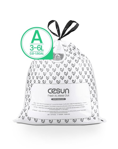 Cesun Code A Drawstring Trash Bags 90 Count, Pre Cut 1.6 Gallon / 6 Liter Small Bathroom Trash Can Liners, White