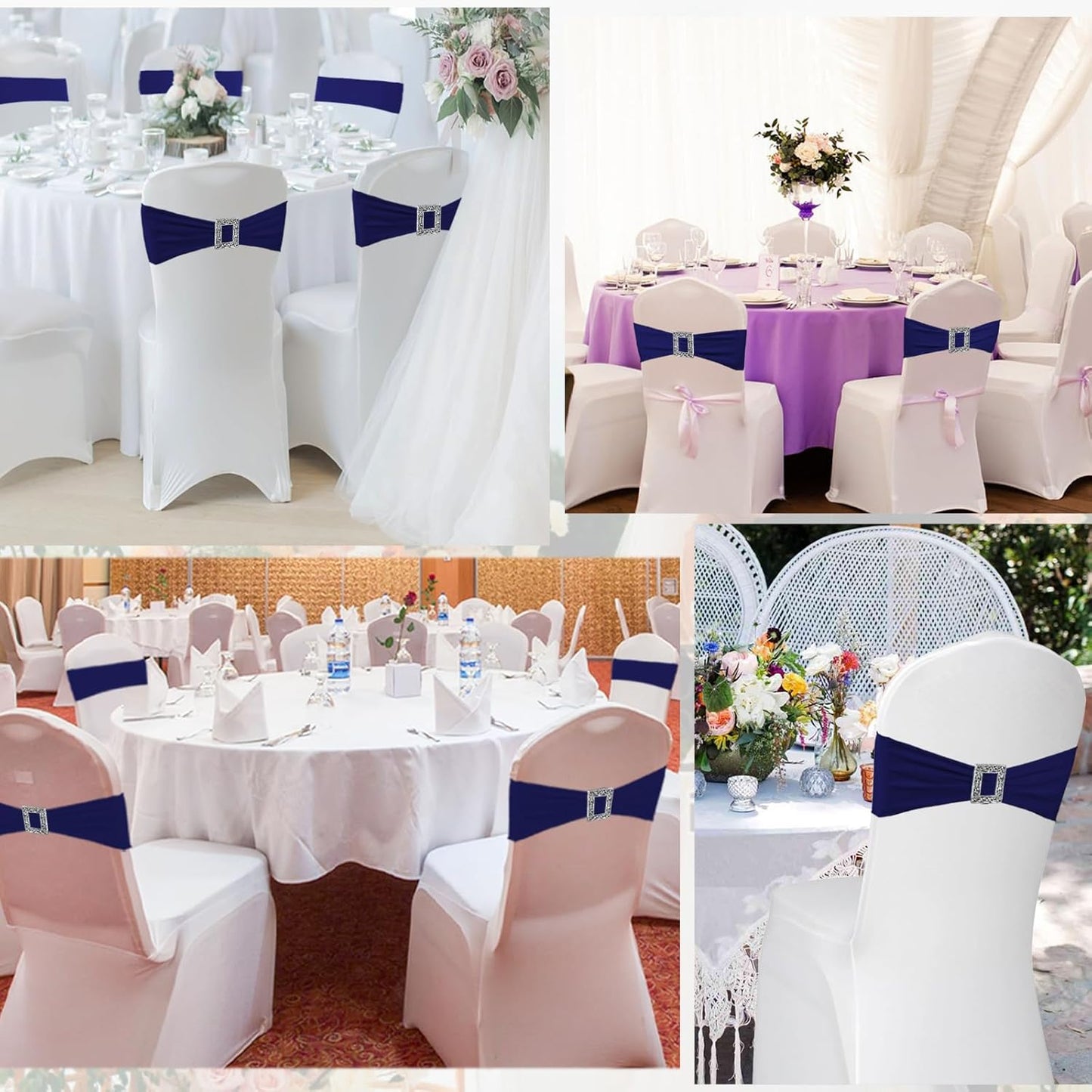 Skiennix 100 Pack Spandex Stretch Chair Sashes - Elastic Covers with Buckle Slider for Weddings & Events | Navy Blue