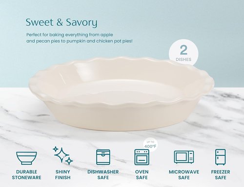 KooK Ceramic Pie Pan - Reusable 9-Inch Round Baking Dish | Deep Wave Edge for Quiches & Tarts - Set of 2, Ivory