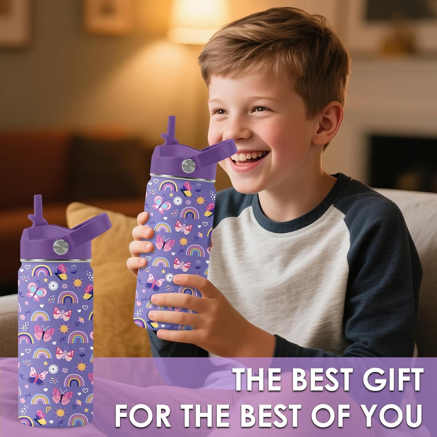Skiennix 16oz Purple Kids Water Bottle - Stainless Steel Insulated Tumbler with Straw Lid | Leakproof & BPA-Free, Perfect for School & Travel