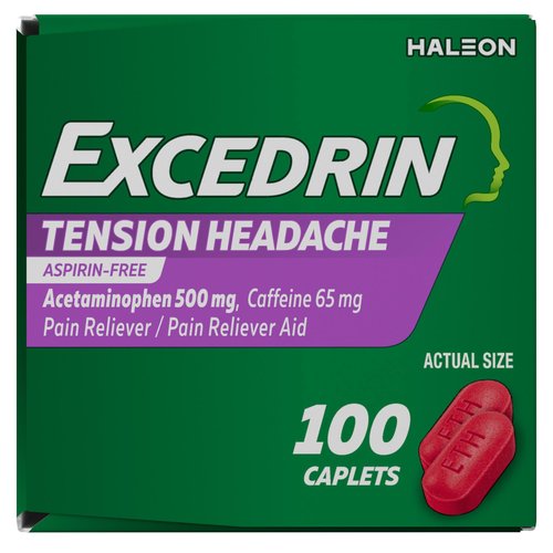 Excedrin Tension Headache Relief Caplets, Acetaminophen 500mg, Caffeine 65mg, Pain Reliever, Aspirin-Free, 100 Count