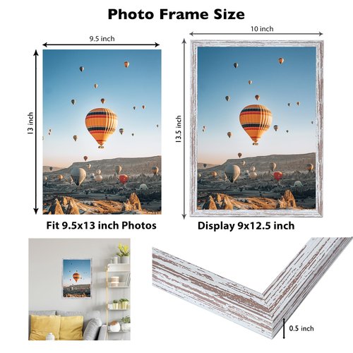 JCJMY 9.5x13 Picture Frame Rustic White for Wall Hanging, Wall Mounting Horizontally or Vertically, 9.5 x 13 Wall Gallery Poster Photo Frame with Shatter Resistant Plexiglass, Rustic White